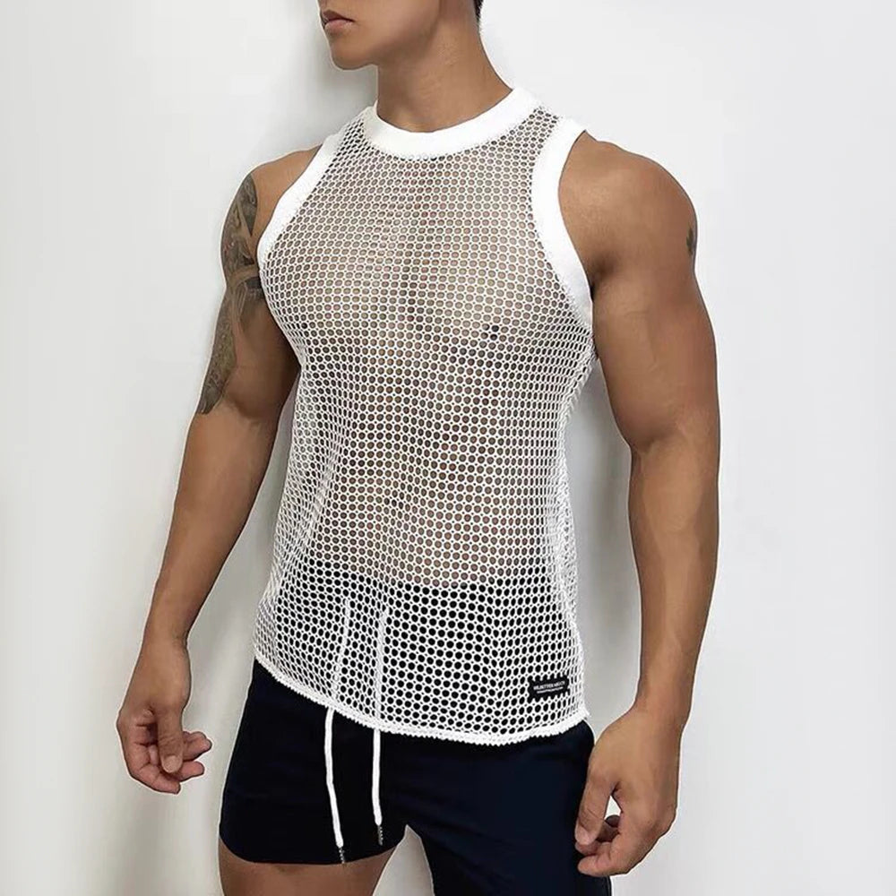 Comprar white Mens Asexual Sexy Nightclub Hollow Perspective Vest