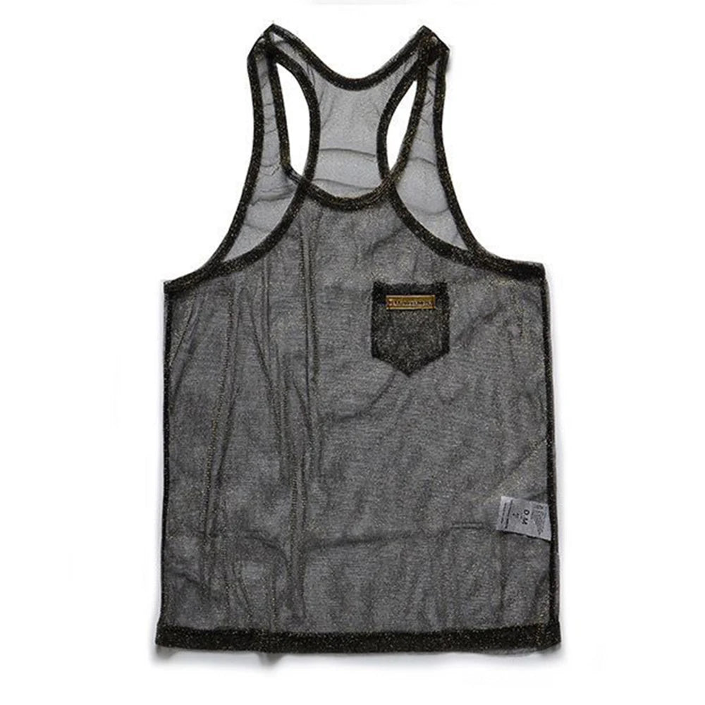 Comprar black Mens See-Through Vest Loose Sexy Solid Color Camisole