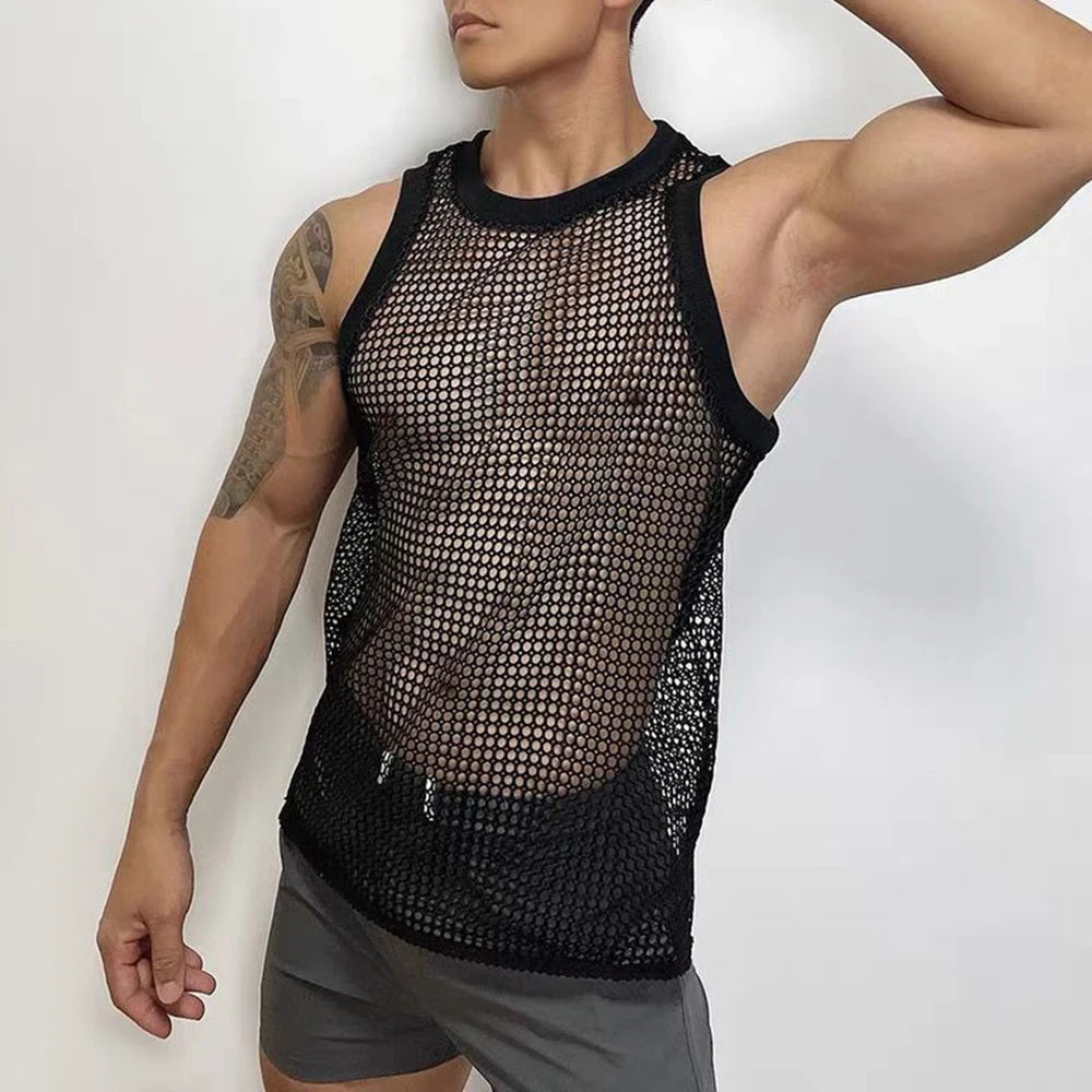 Comprar black Mens Asexual Sexy Nightclub Hollow Perspective Vest