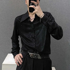Buy black Mens Shirt Reflective Shiny Shoulder Pad Shirt Fashion Personality Temperament Performance Costume Top Men&#39;S Clothing Spring New