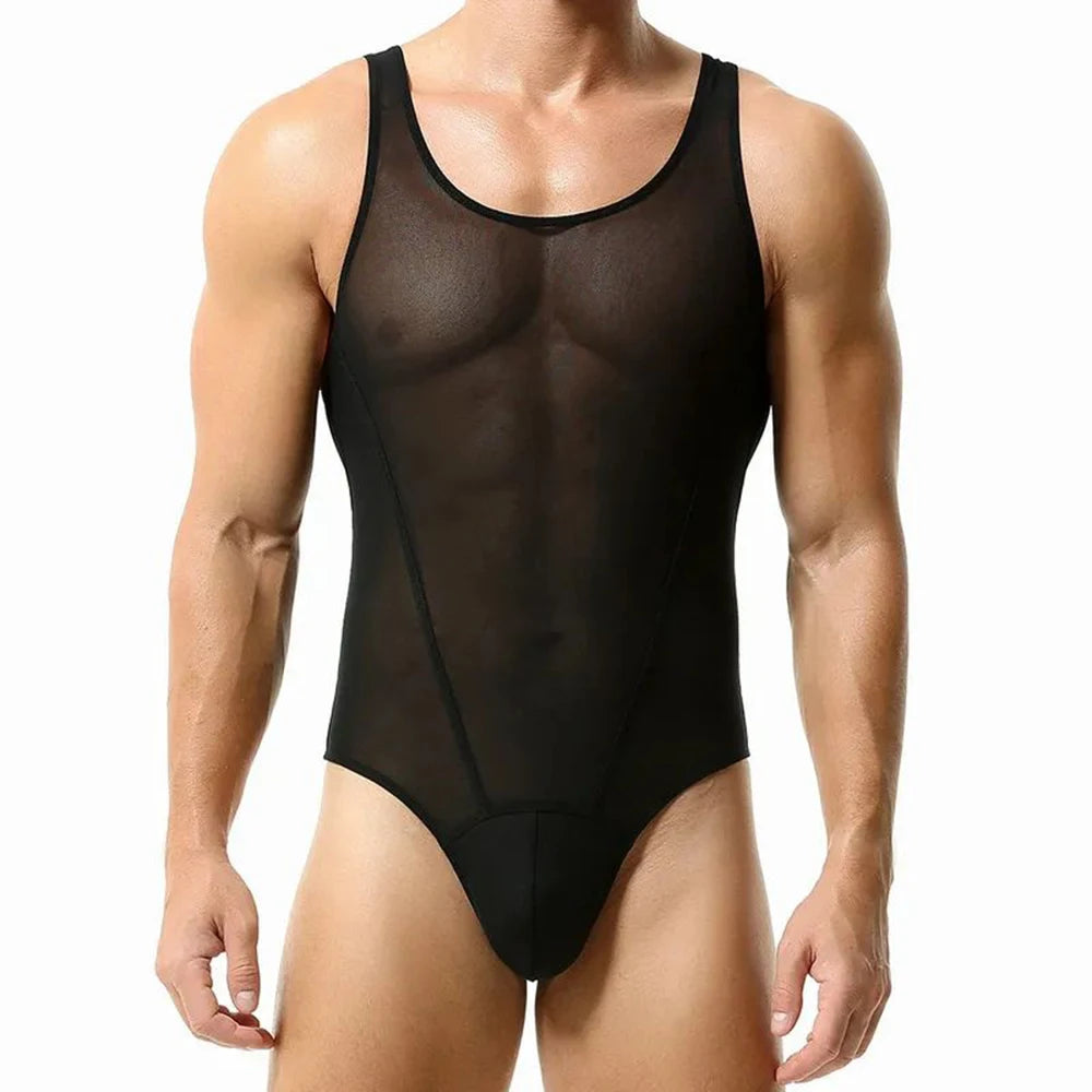 Comprar black Mens Sexy See-Through  Fitness Home Solid Color Jumpsuit