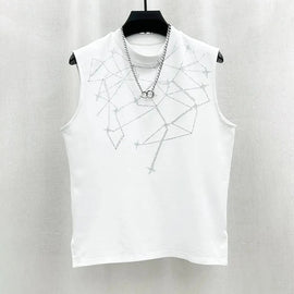 Buy white Mens Vest Personalized Heavy Industry Hot Stamping Diamond Starry Vest Summer Casual Sports Sleeveless Top Men&#39;s Clothing 2024