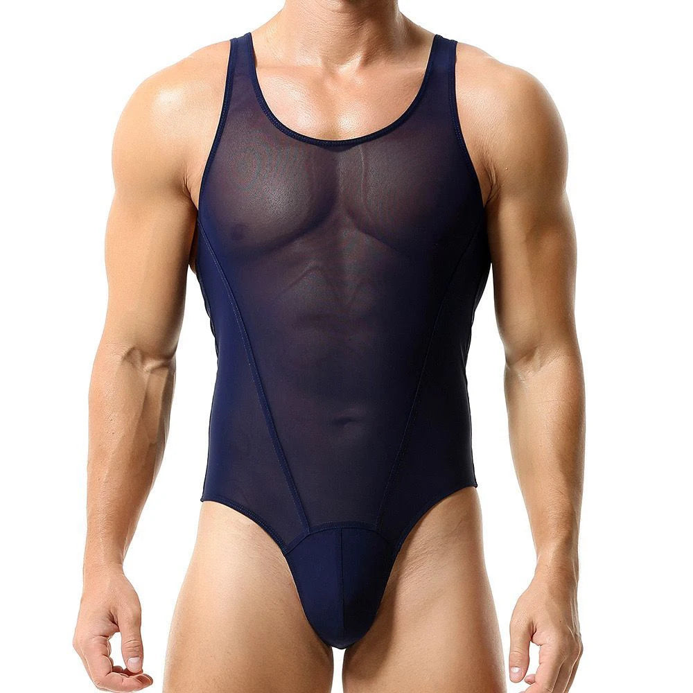 Comprar blue Mens Sexy See-Through  Fitness Home Solid Color Jumpsuit