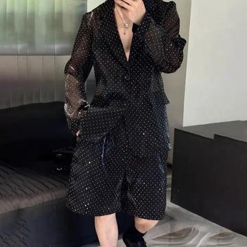Mens Autumn Winter Shiny Hot Diamond Thin Suit Suit New Nightclub Casual Origin See-Through Mesh Sexy Two-Piece Suit For Men