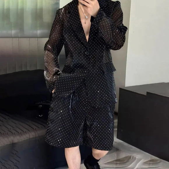 Mens Autumn Winter Shiny Hot Diamond Thin Suit Suit New Nightclub Casual Origin See-Through Mesh Sexy Two-Piece Suit For Men
