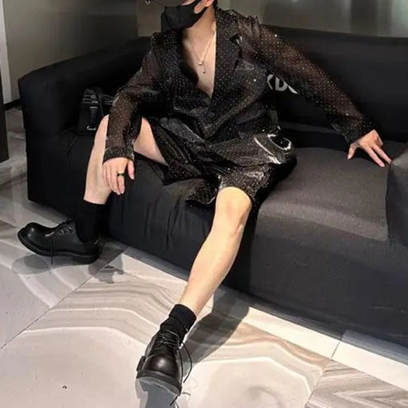 Mens Autumn Winter Shiny Hot Diamond Thin Suit Suit New Nightclub Casual Origin See-Through Mesh Sexy Two-Piece Suit For Men