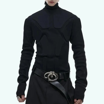 Mens Fashion Trend Heavy Three-Dimensional Armor Design Solid Color High Collar Long Sleeve Bottoming Shirt Slim Versatile Top