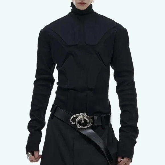Mens Fashion Trend Heavy Three-Dimensional Armor Design Solid Color High Collar Long Sleeve Bottoming Shirt Slim Versatile Top