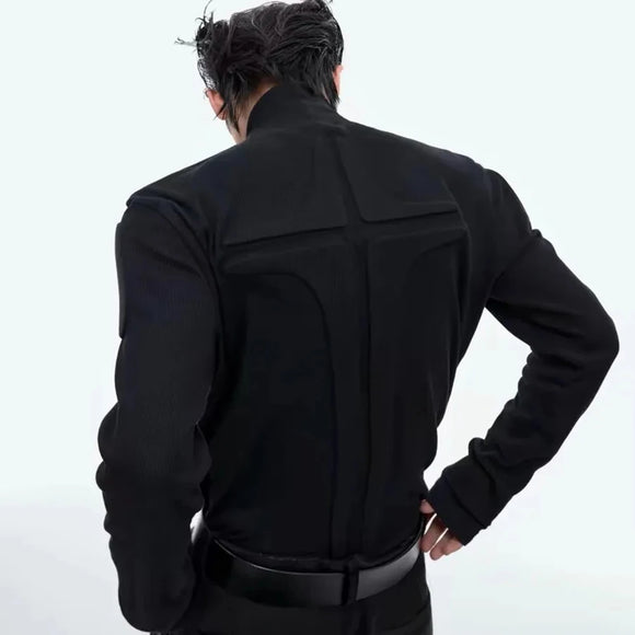 Mens Fashion Trend Heavy Three-Dimensional Armor Design Solid Color High Collar Long Sleeve Bottoming Shirt Slim Versatile Top