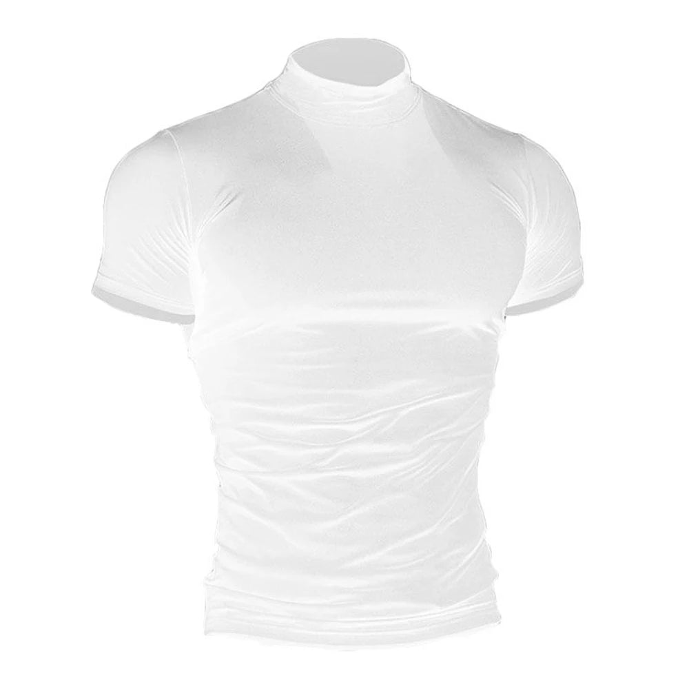 Comprar white Mens Asexual Casual Solid Tight High Neck T-shirt