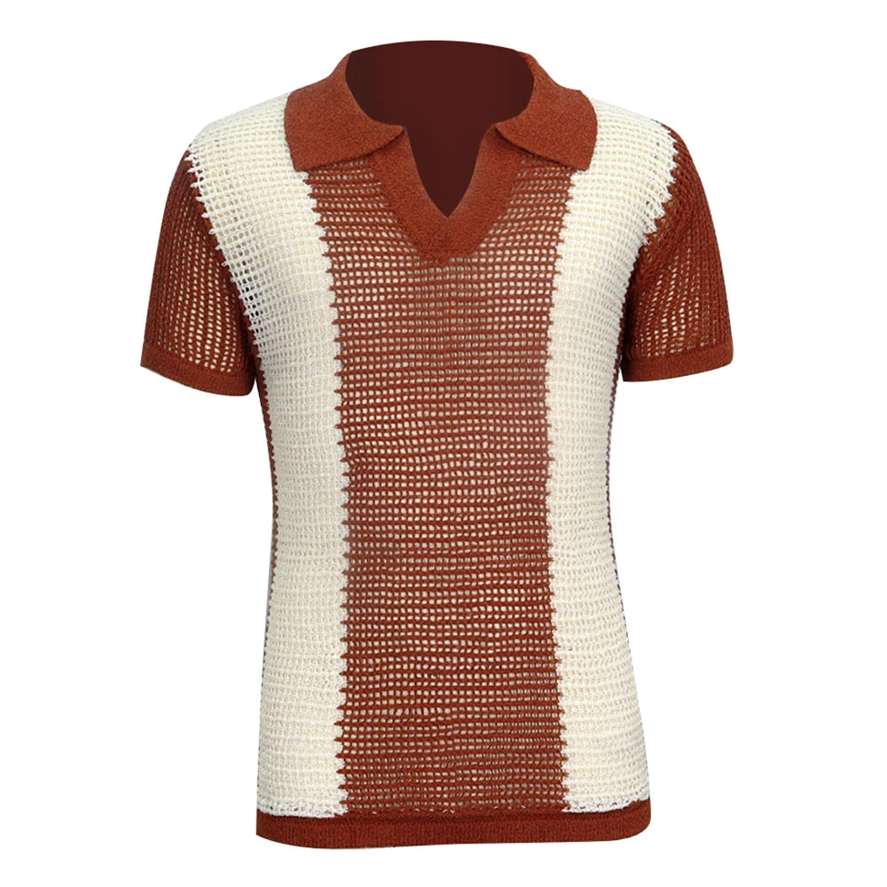 Mens Unisex Striped Hollow Out Knitted Polo Shirt