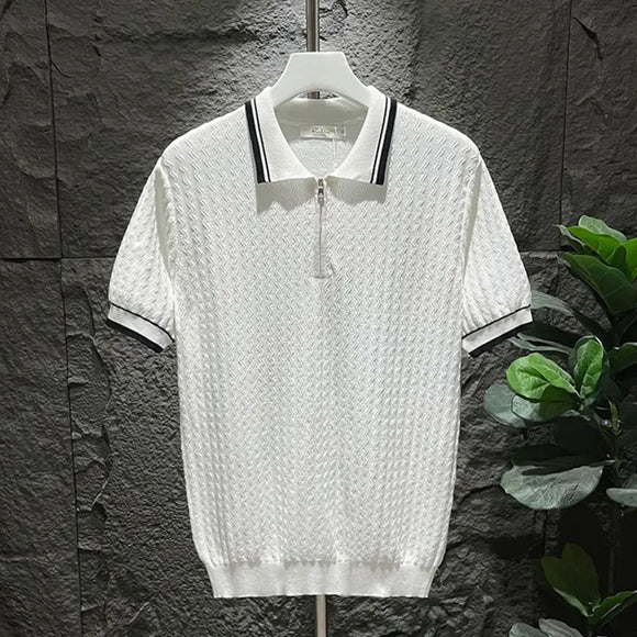 Mens Polo Shirt Summer Ice Silk Solid Classic Retro Texture Veins Short Sleeve Daily T-Shirt Youth Men's Slim Trendy Tops 2024