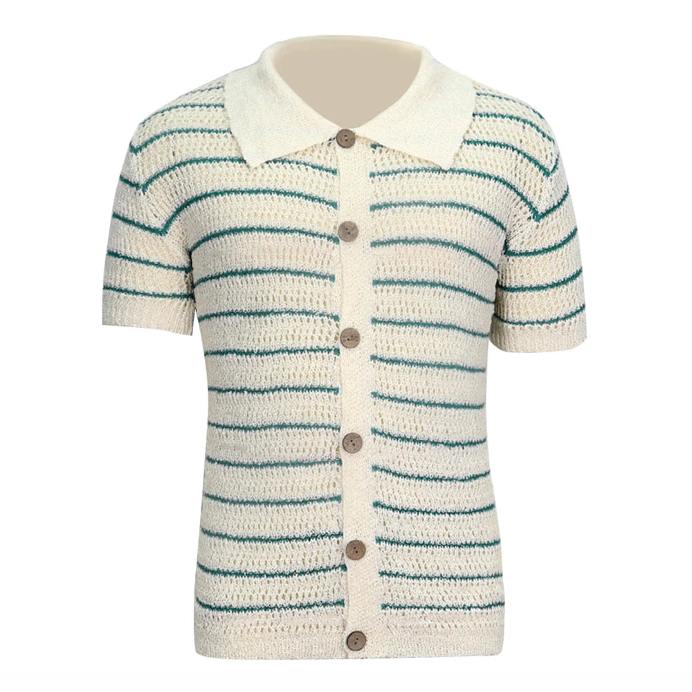 Mens Unisex Striped Knitted Hollow Polo Shirt