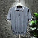 Mens Polo Shirt Summer Ice Silk Solid Classic Retro Texture Veins Short Sleeve Daily T-Shirt Youth Men's Slim Trendy Tops 2024-5