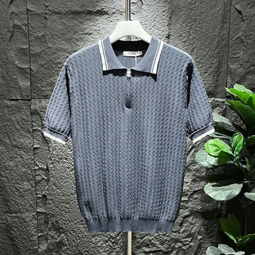 Buy grey Mens Polo Shirt Summer Ice Silk Solid Classic Retro Texture Veins Short Sleeve Daily T-Shirt Youth Men&#39;s Slim Trendy Tops 2024