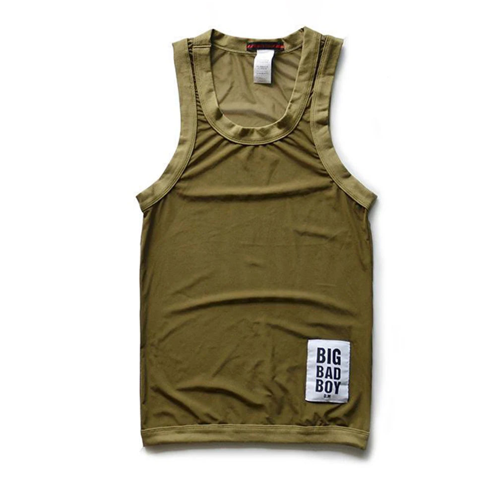 Comprar army-green Mens Sexy See-through  Elastic Solid Color Vest