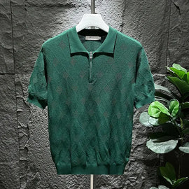 Buy green Mens T-Shirt Summer Polo Shirt Ice Silk Daily Solid Grid Veins Classic Retro Short Sleeve Slim Fit Men&#39;s Trendy Tops New 2024