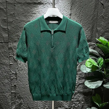 Buy green Mens T-Shirt Summer Polo Shirt Ice Silk Daily Solid Grid Veins Classic Retro Short Sleeve Slim Fit Men&#39;s Trendy Tops New 2024