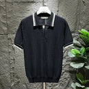 Mens Polo Shirt Summer Ice Silk Solid Classic Retro Texture Veins Short Sleeve Daily T-Shirt Youth Men's Slim Trendy Tops 2024-4