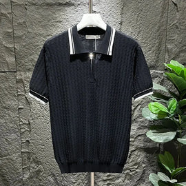 Buy black Mens Polo Shirt Summer Ice Silk Solid Classic Retro Texture Veins Short Sleeve Daily T-Shirt Youth Men&#39;s Slim Trendy Tops 2024