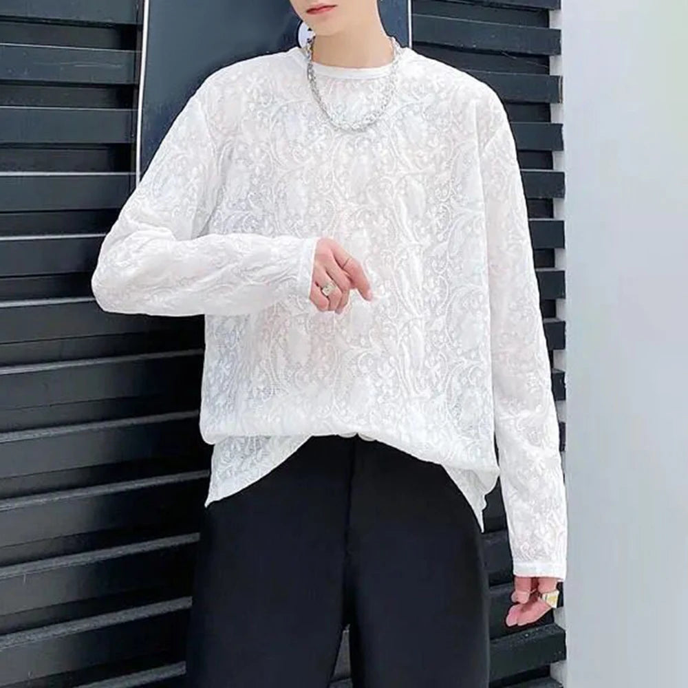 Mens Sexy Lace Perspective Long-sleeved Tops