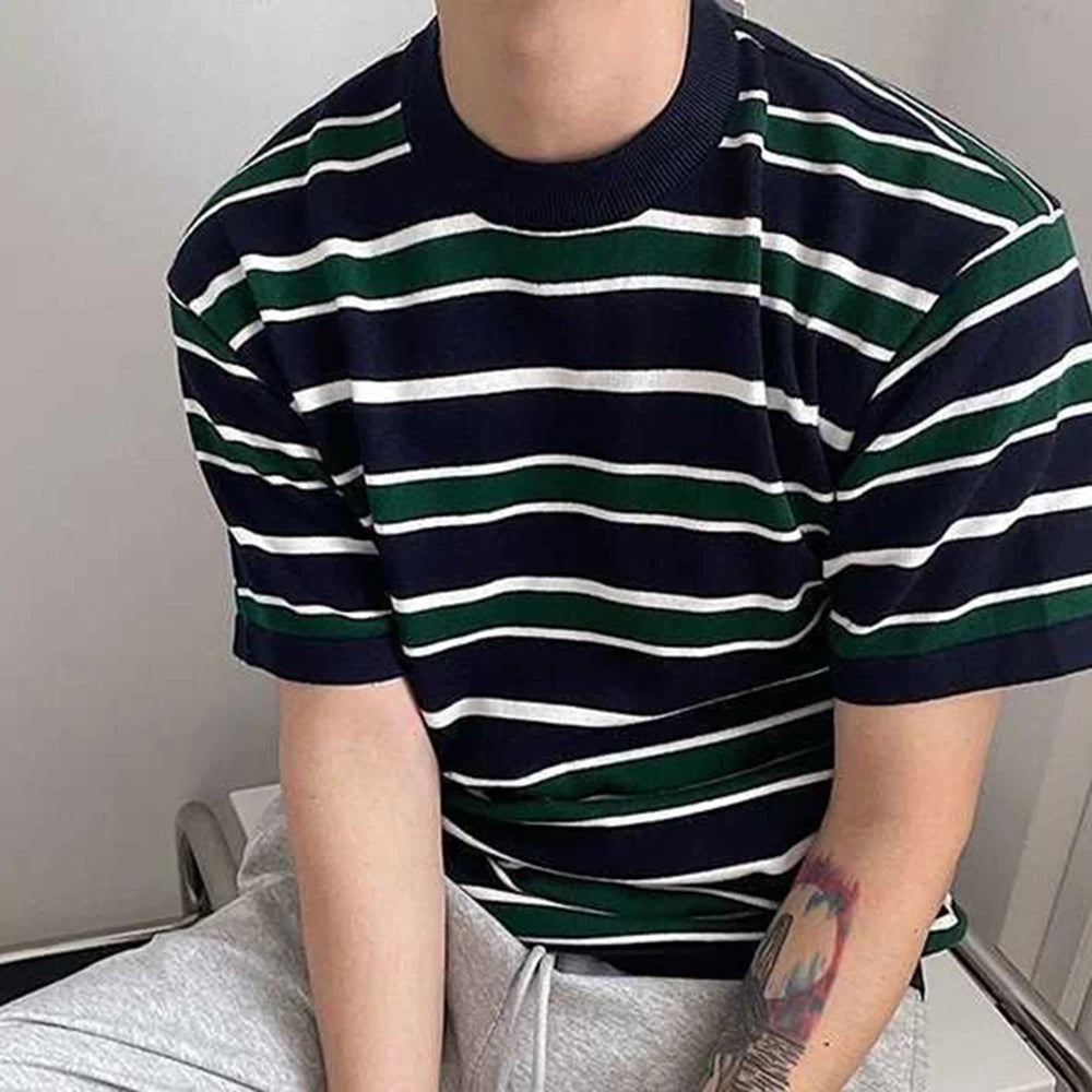 Mens  Striped Casual Knitted Short-Sleeved T-Shirt