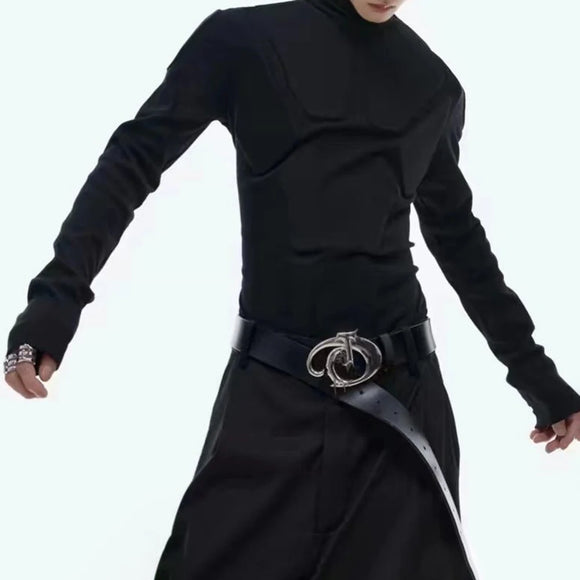 Mens Fashion Trend Heavy Three-Dimensional Armor Design Solid Color High Collar Long Sleeve Bottoming Shirt Slim Versatile Top