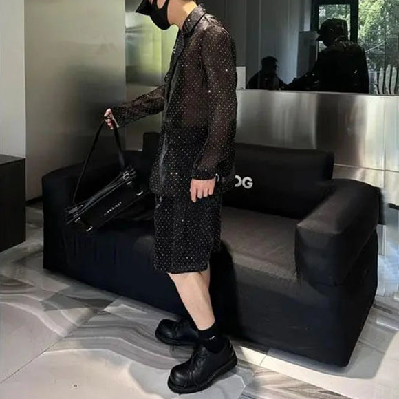 Mens Autumn Winter Shiny Hot Diamond Thin Suit Suit New Nightclub Casual Origin See-Through Mesh Sexy Two-Piece Suit For Men