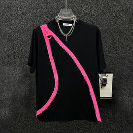 Buy black Mens T-Shirt Y2k Contrast Color Zipper Short-Sleeved T-Shirt Summer Streetwear Casual Personality All-Match Tops Men&#39;S Clothing