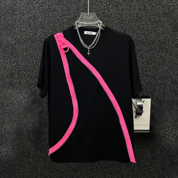 Mens T-Shirt Y2k Contrast Color Zipper Short-Sleeved T-Shirt Summer Streetwear Casual Personality All-Match Tops Men'S Clothing