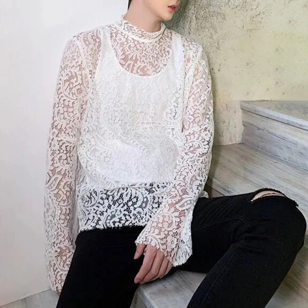 Comprar white Mens Sexy Nightclub Lace See-through Turtleneck Long-sleeved Top