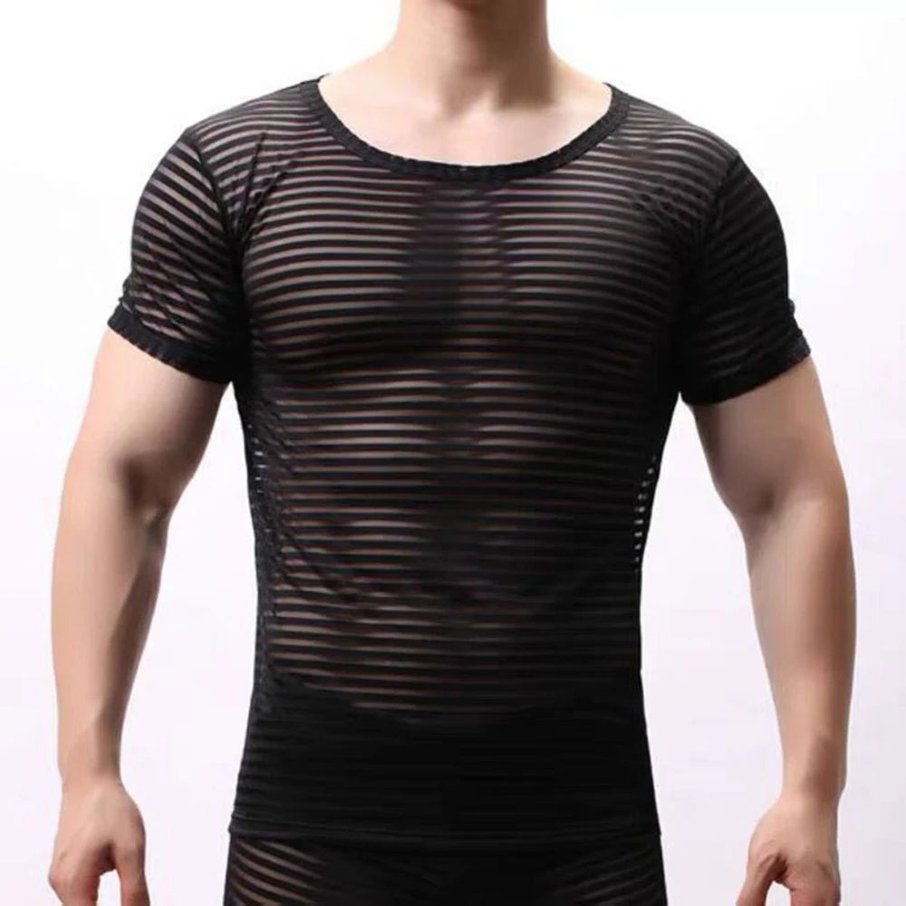 Comprar black Mens  Sexy Nightclub Gauze  Perspective Striped T-shirt