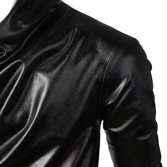 Mens Pu Leather Sweatshirt Pu Tops Streetwear Nightclub Youth Trend Campus Performance Male Long-Sleeve Tops Men'S Clothing 2024