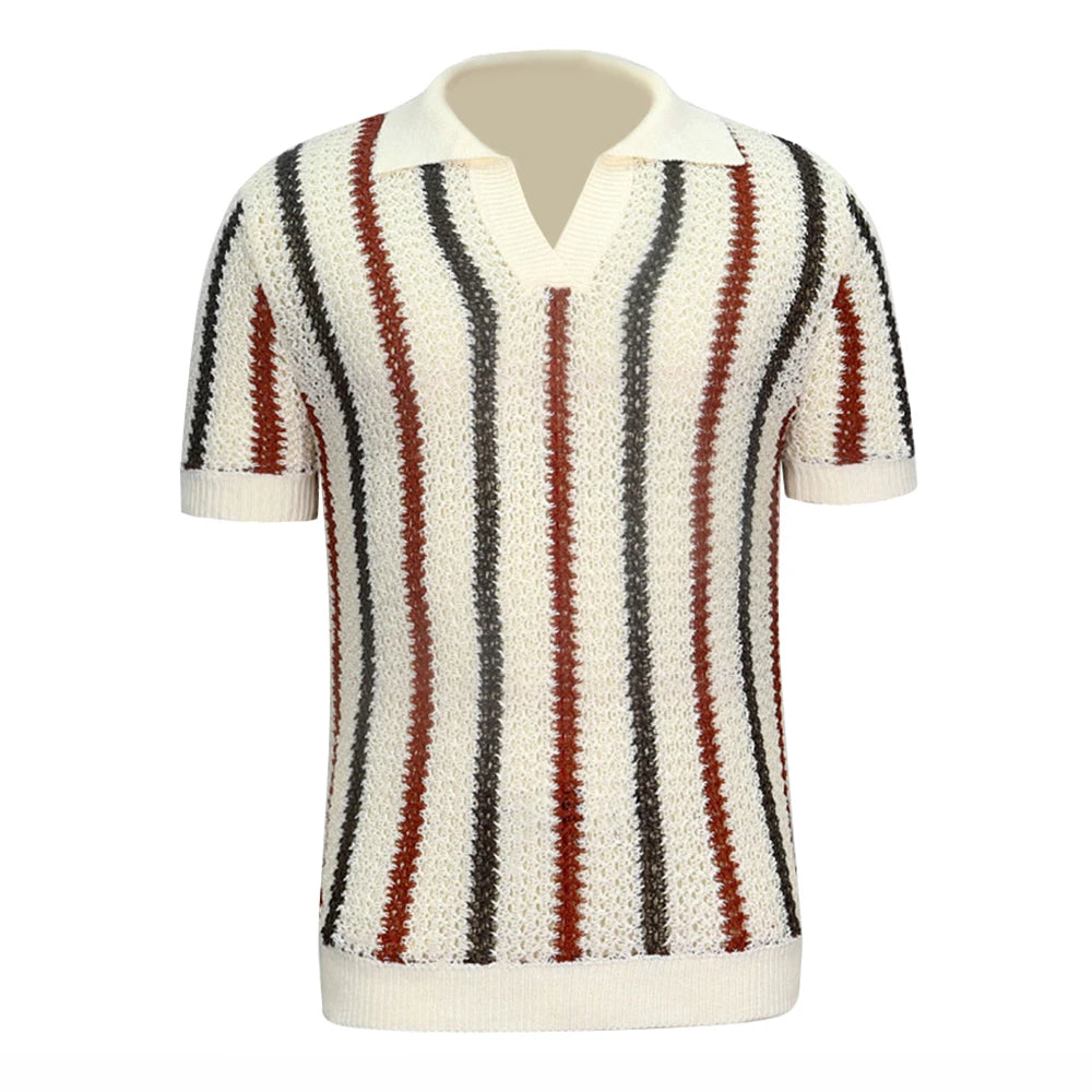 Mens Unisex Striped Knitted Hollow Polo Shirt