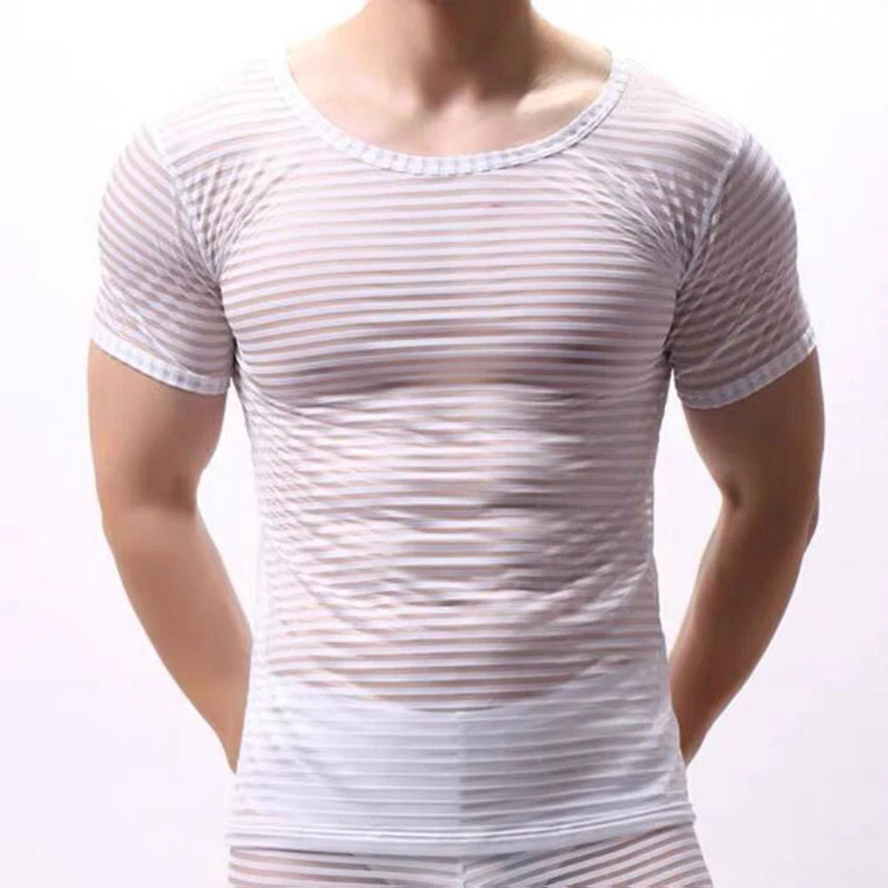 Comprar white Mens  Sexy Nightclub Gauze  Perspective Striped T-shirt