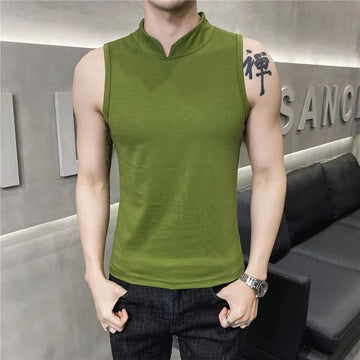 Buy green Mens Sleeveless Fake Collar Elastic Vest