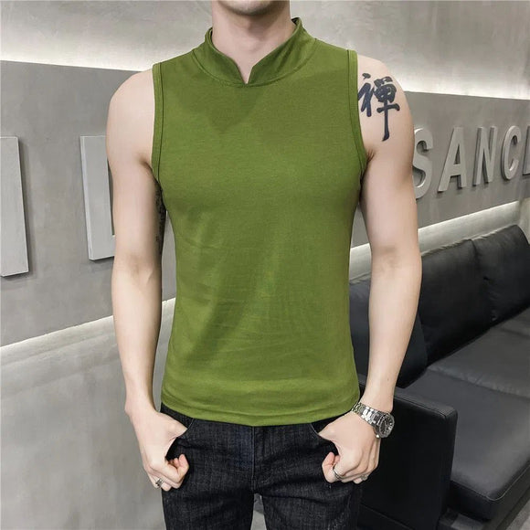 Mens Sleeveless Fake Collar Elastic Vest