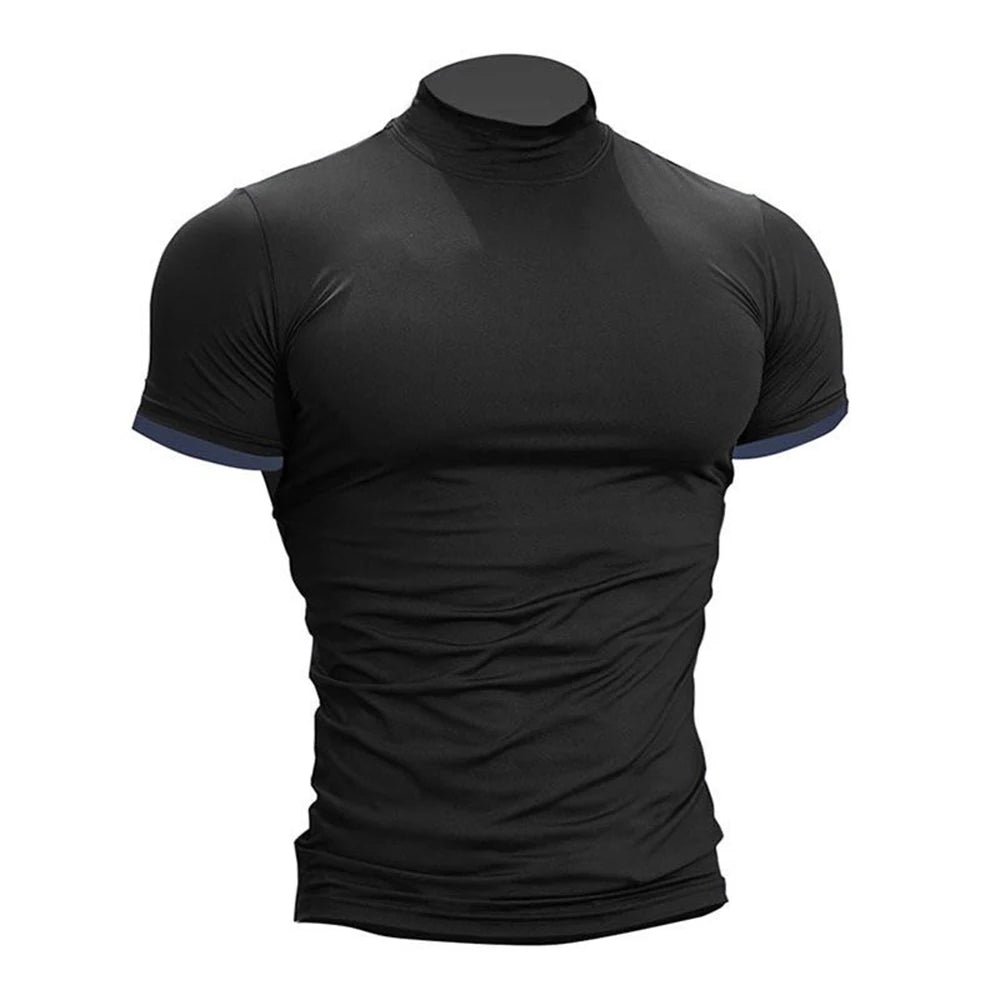 Comprar black Mens Asexual Casual Solid Tight High Neck T-shirt