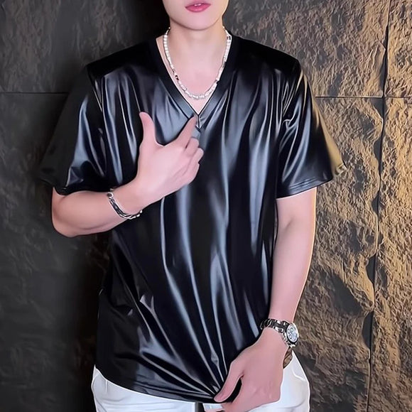 Mens T-Shirt Y2k Shiny Plain Stretch T-Shirt Spring Summer Streetwear Niche Personality Short-Sleeve Top Men'S Clothing 2025 New