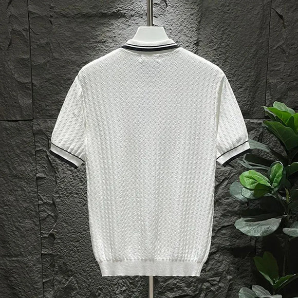 Mens Polo Shirt Summer Ice Silk Solid Classic Retro Texture Veins Short Sleeve Daily T-Shirt Youth Men's Slim Trendy Tops 2024