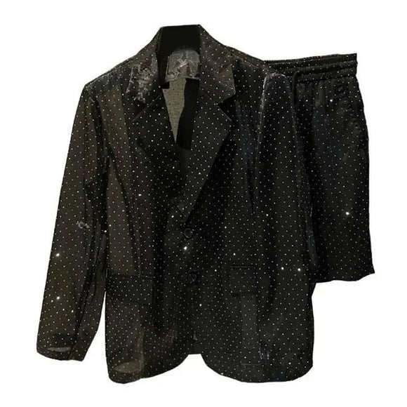 Mens Autumn Winter Shiny Hot Diamond Thin Suit Suit New Nightclub Casual Origin See-Through Mesh Sexy Two-Piece Suit For Men