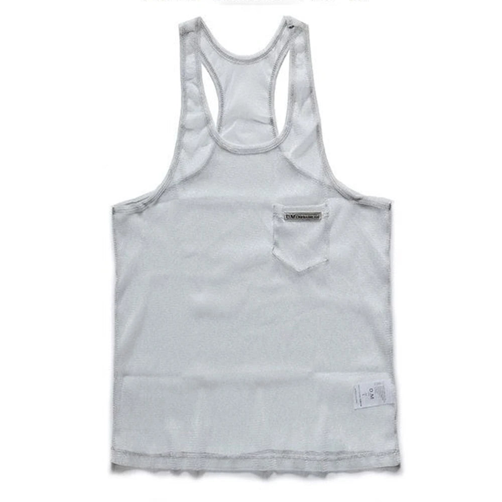 Comprar white Mens See-Through Vest Loose Sexy Solid Color Camisole