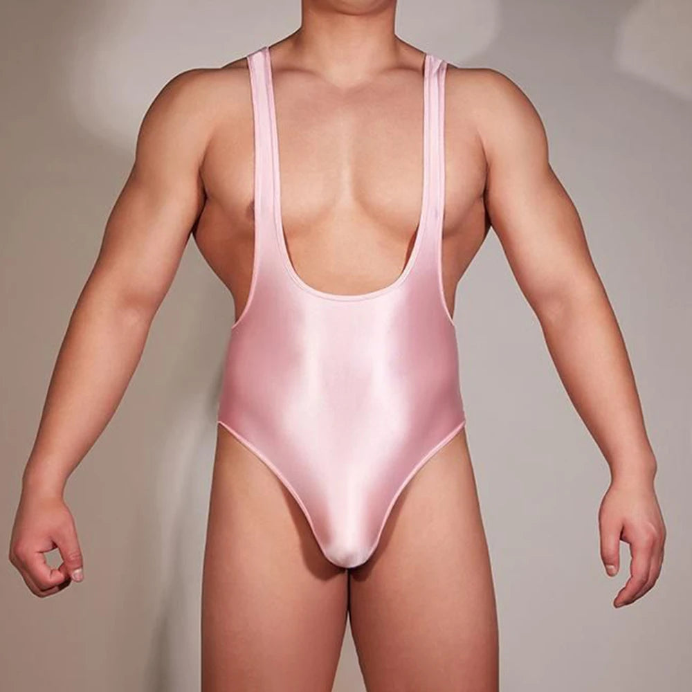 Comprar pink Mens Sexy Tight Solid Color Satin Jumpsuit