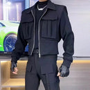 Veste courte motard homme à grandes poches, collection automne-hiver 2024, unisexe, style fonctionnel, couleur unie.-1
