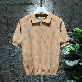 Buy khaki Mens T-Shirt Summer Polo Shirt Ice Silk Daily Solid Grid Veins Classic Retro Short Sleeve Slim Fit Men&#39;s Trendy Tops New 2024