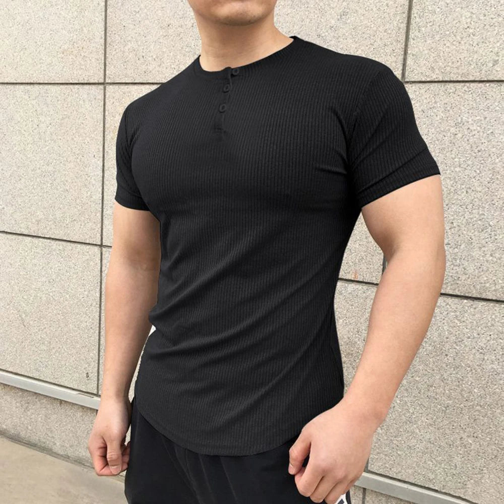 Men Sexy Tight Sports Casual Henley Neck T-Shirt