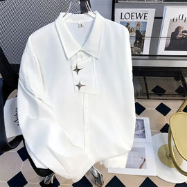 Buy white Metal Zipper Design Shirt Autumn New Fashion Loose Trendy Dark Series High-End Drape Irregular Long-Sleeved White Shirt For Men