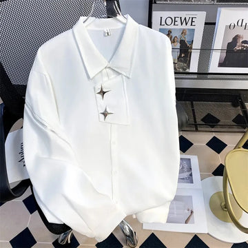 Buy white Metal Zipper Design Shirt Autumn New Fashion Loose Trendy Dark Series High-End Drape Irregular Long-Sleeved White Shirt For Men