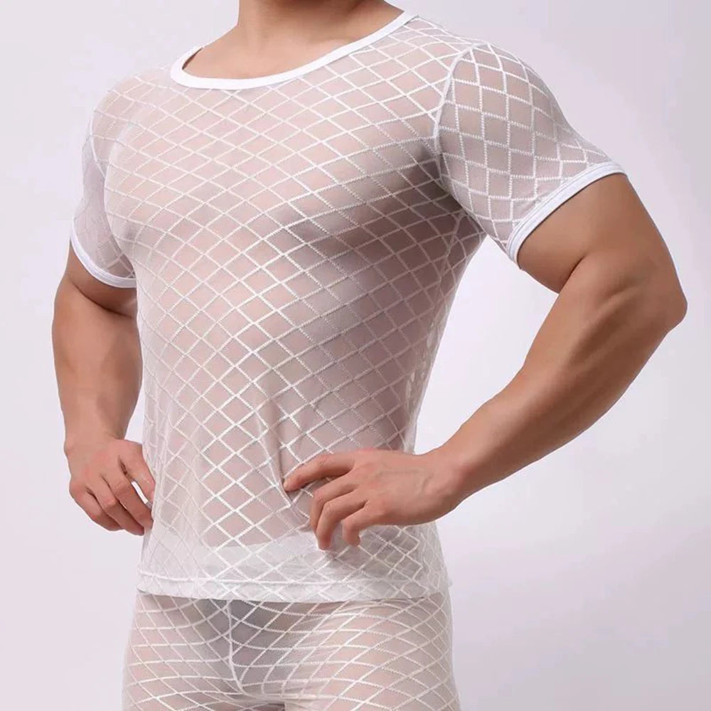 Comprar white Mens Sexy Tight Solid Color Mesh Perspective T-shirt