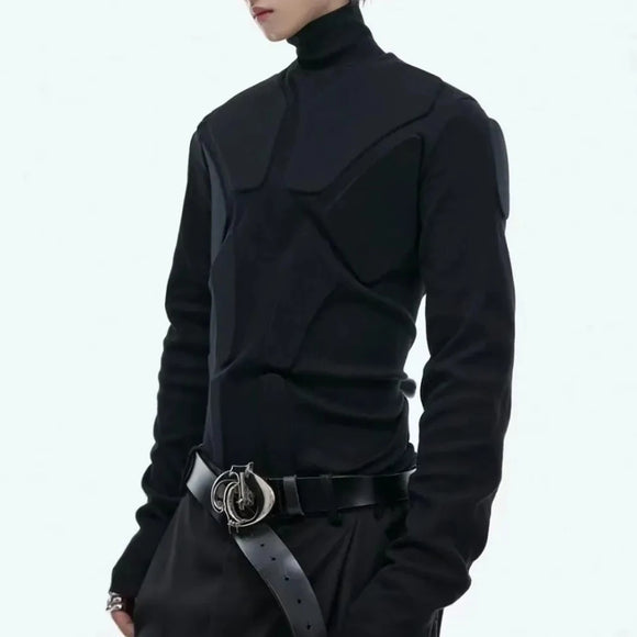 Mens Fashion Trend Heavy Three-Dimensional Armor Design Solid Color High Collar Long Sleeve Bottoming Shirt Slim Versatile Top